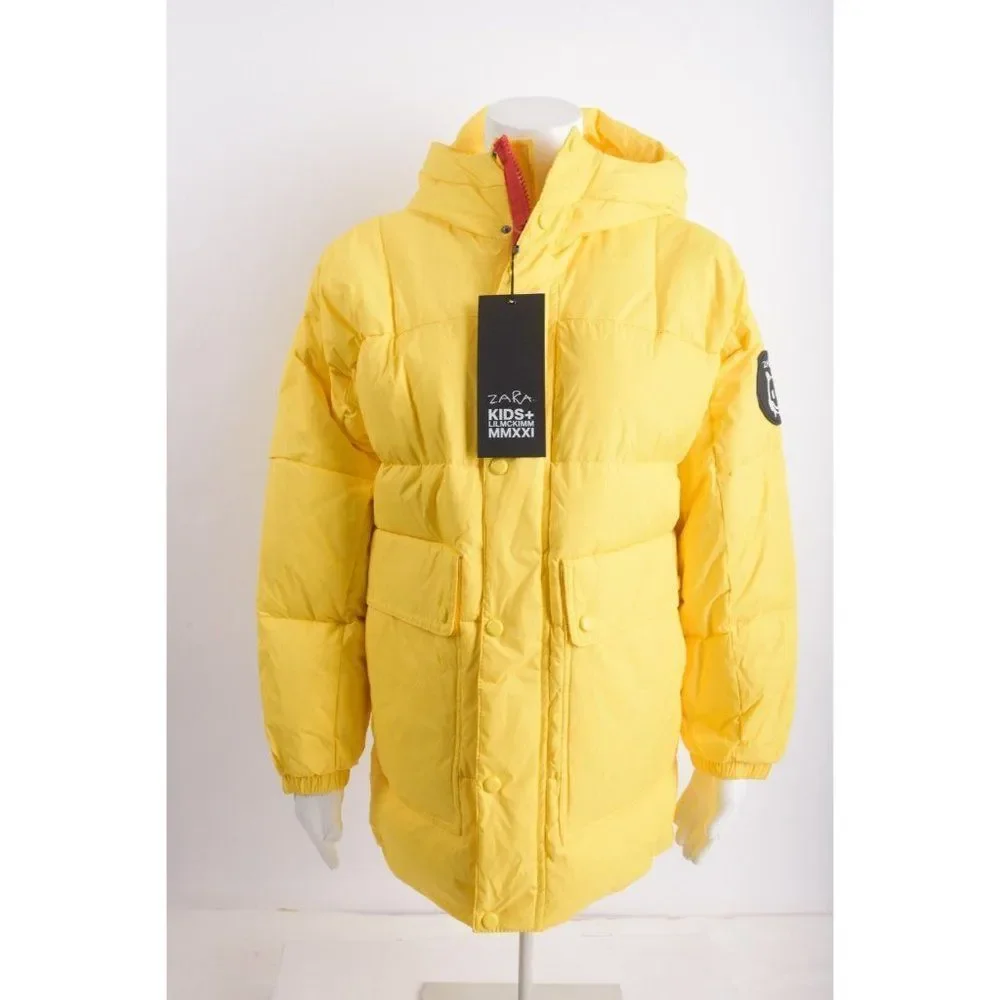 Zara Kids Girl Boy Jacket Down Coat Long Sz M Bright Yellow Hooded 3121/752 NWT
